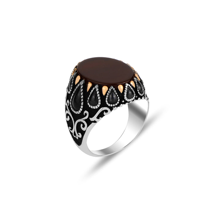 Silver Tulip Figured Red Agate Stone Ring