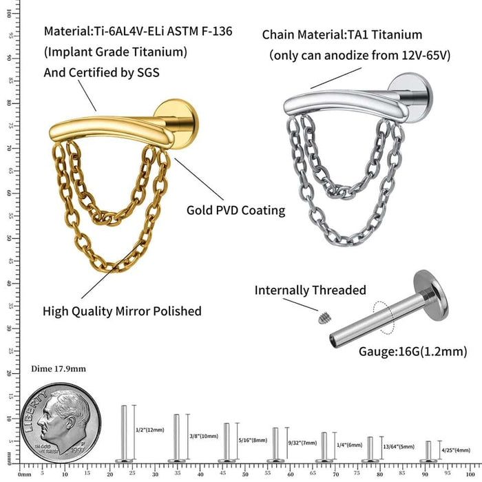 titanium floating double chained labret size