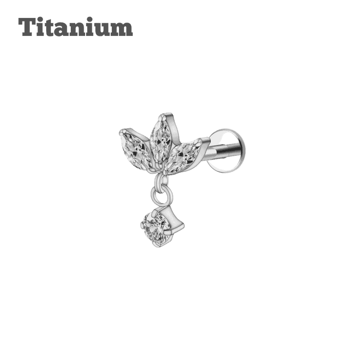 titanium lotus with dangling gem threaded labret steel color
