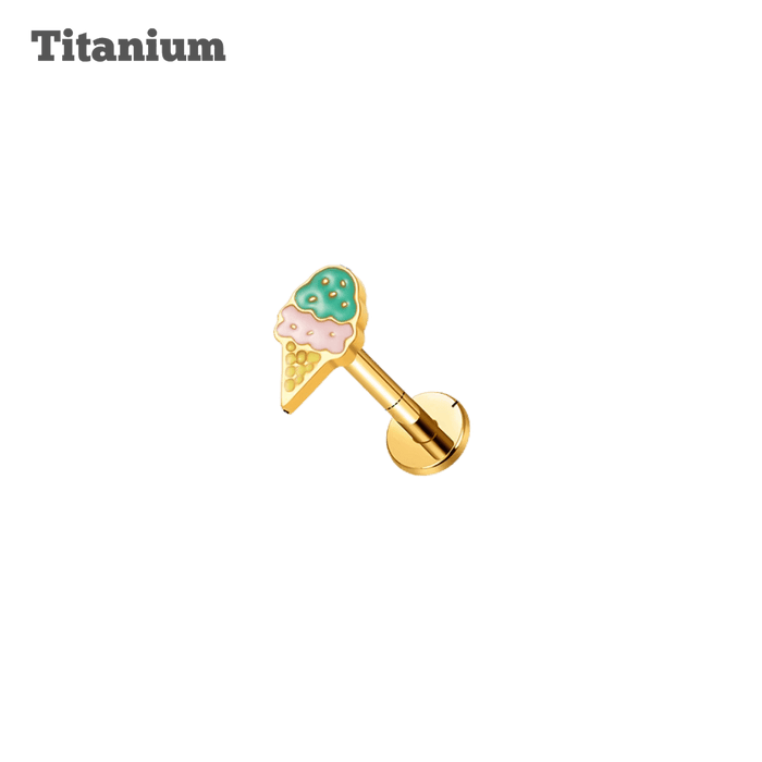 Gold ice cream cone-shaped stud earring on a black background with 'Titanium' text.