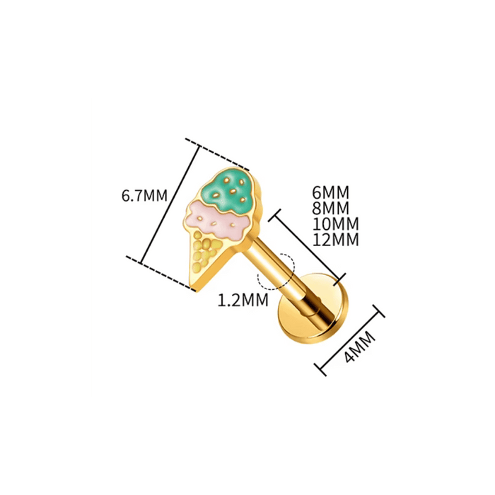 Gold ice cream-shaped barbell with measurements on a white background