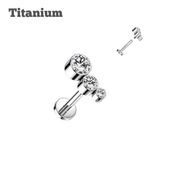 steel color titanium triple bezeled gem threaded labret